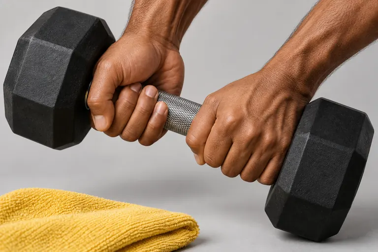 Detalhe de mãos segurando halter, imagem ilustrativa